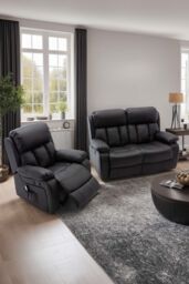 More4Homes Chester Manual Recliner Bonded Leather 1+2 Seater Sofa Set in Black - thumbnail 1