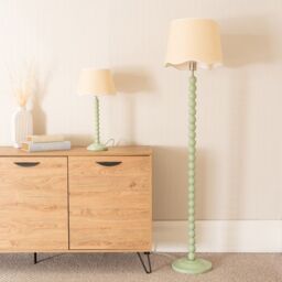ValueLights Bobbins Sage Green Table Lamp with Linen Scallop White Trim Shade in Pale Green - thumbnail 5