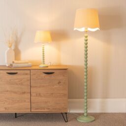 ValueLights Bobbins Sage Green Table Lamp with Linen Scallop White Trim Shade in Pale Green - thumbnail 4