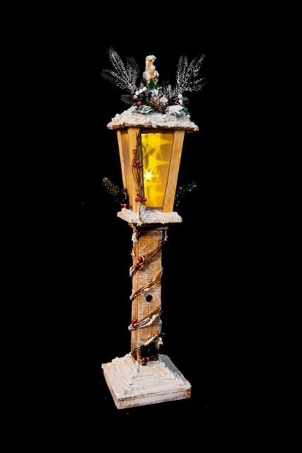 Shatchi 85cm Wooden Lamppost Warm White Rotating Star LEDs Snow Covered Lantern Indoor Christmas Decorations, Wood, Brown in Gold - image 1