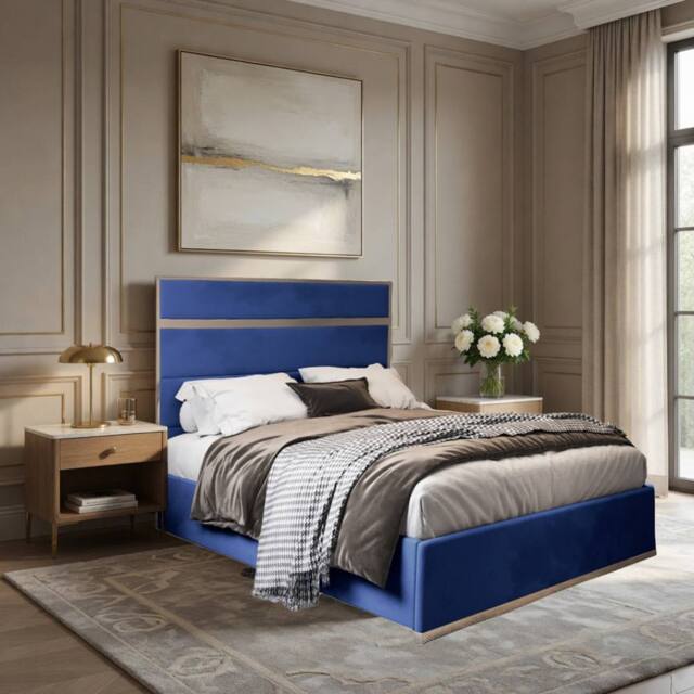 KDMD Holt Upholstered Soft Velvet Blue Metal Designer Bed Frame - Size: Single - image 1