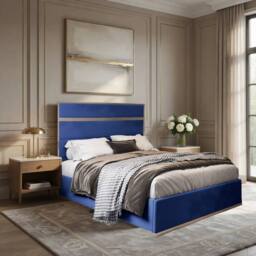 KDMD Holt Upholstered Soft Velvet Blue Metal Designer Bed Frame - Size: Single - thumbnail 1
