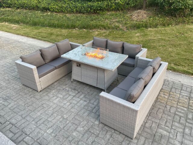 Fimous Light Grey U Shape Lounge Sofa Dining Set With Gas Fire Pit Dining Table Garden Furniture Set Heater Burner - image 1