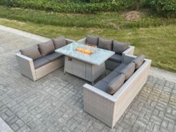 Fimous Light Grey U Shape Lounge Sofa Dining Set With Gas Fire Pit Dining Table Garden Furniture Set Heater Burner - thumbnail 4