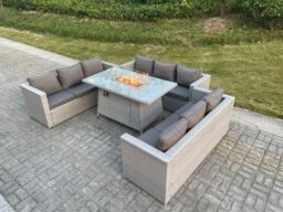 Fimous Light Grey U Shape Lounge Sofa Dining Set With Gas Fire Pit Dining Table Garden Furniture Set Heater Burner - thumbnail 3