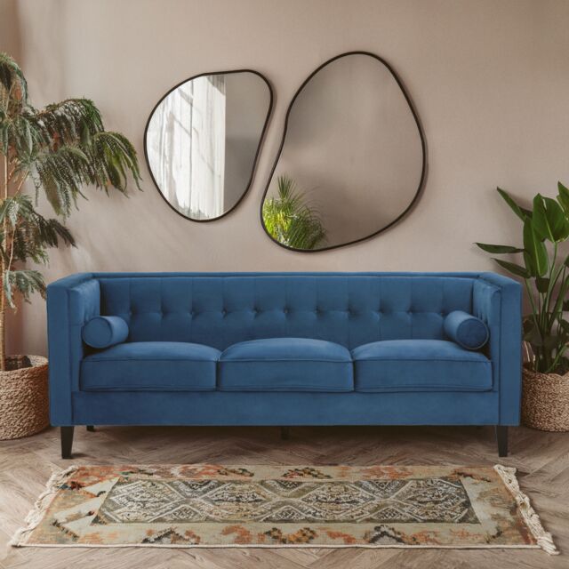 Orsina Refined 3 Seat Grey Velvet Sofa, Velvet Upholstered Mid Century Sofa, Contemporary Sofa For Livingroom in Blue - image 1