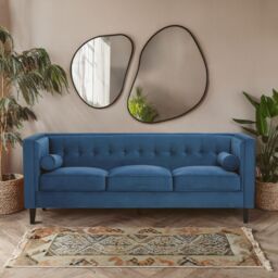 Orsina Refined 3 Seat Grey Velvet Sofa, Velvet Upholstered Mid Century Sofa, Contemporary Sofa For Livingroom in Blue