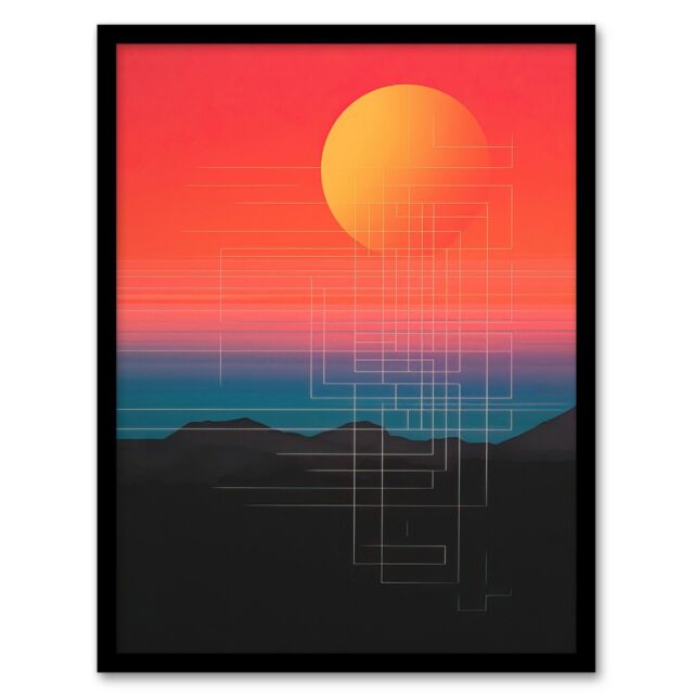 Wee Blue Coo Wall Art Print Sunset Modern Digital Abstract Mountain Landscape Colour Gradient Painting Art Framed in Red - Size: A4 - image 1