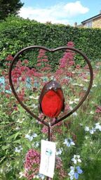Inspirational Gifting Red Robin in a Heart Garden Plant Stake in Brown