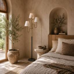 Wyld Haus Tora 165cm Metal Floor Lamp with 3 Linen Shades Gold Tone & White - thumbnail 1