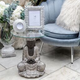 Madison & Mayfair Silver Sitting Buddha Side Table with a Clear Glass Top