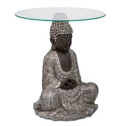 Madison & Mayfair Silver Sitting Buddha Side Table with a Clear Glass Top - thumbnail 3