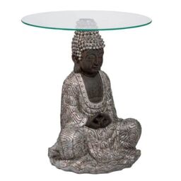 Madison & Mayfair Silver Sitting Buddha Side Table with a Clear Glass Top - thumbnail 2