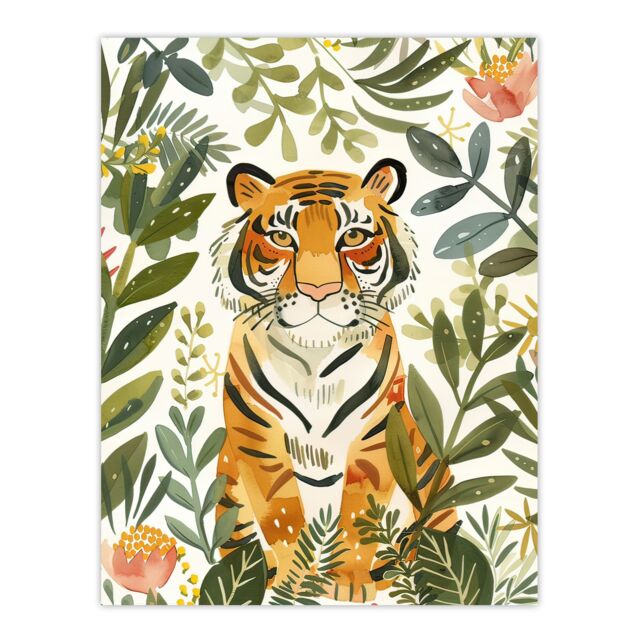 "Artery8 Cute Tiger in Floral Tropical Jungle Watercolour Wall Art Print in Green - Size: W24"" x H32""" - image 1