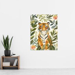 "Artery8 Cute Tiger in Floral Tropical Jungle Watercolour Wall Art Print in Green - Size: W24"" x H32""" - thumbnail 4