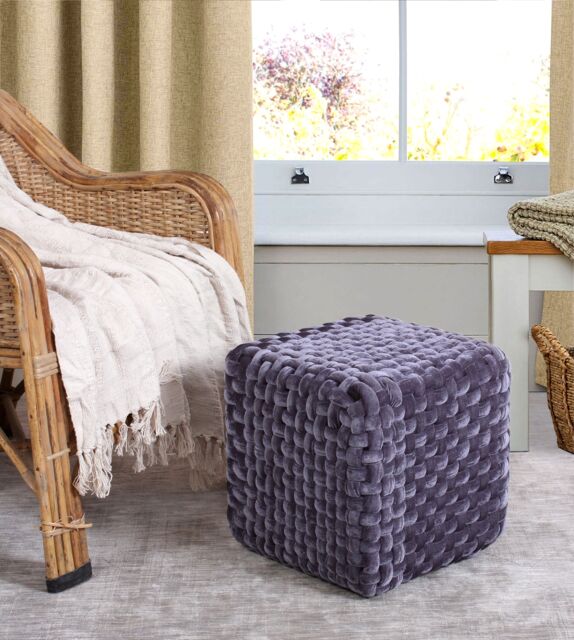 Snug City Square Velvet Pouffe Soft Woven Designer Ottoman Stool in Grey