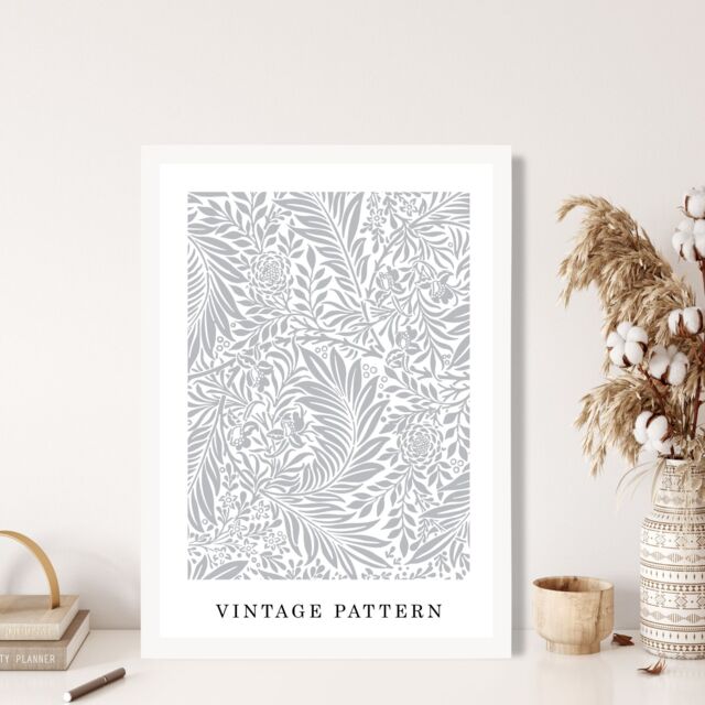 ARTZE Vintage William Morris Larkspur in Grey & White Art Print / White Frame / SIZE: A3 - Size: A4 - image 1