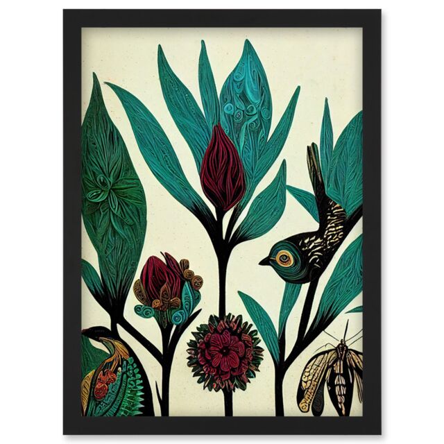 Artery8 Abstract Folk Art Leaves Flowers Birds Vintage Style Green Burgundy Cream Black Artwork Framed Wall Art Print A4 - image 1