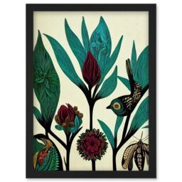 Artery8 Abstract Folk Art Leaves Flowers Birds Vintage Style Green Burgundy Cream Black Artwork Framed Wall Art Print A4 - thumbnail 1