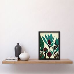 Artery8 Abstract Folk Art Leaves Flowers Birds Vintage Style Green Burgundy Cream Black Artwork Framed Wall Art Print A4 - thumbnail 2