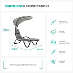 LIVIVO Bali Sun Lounger Relaxing Chair with Canopy Shade & Padded Cushions in Grey - thumbnail 6