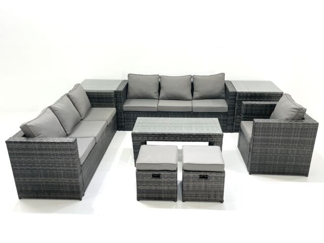 Fimous Rattan Garden Furniture Set Outdoor 9 Seater Patio Conversation Sets with Glass Top Coffee Table Stool 2 Side Tables in Dark Grey - image 1