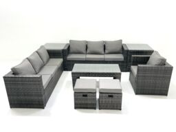 Fimous Rattan Garden Furniture Set Outdoor 9 Seater Patio Conversation Sets with Glass Top Coffee Table Stool 2 Side Tables in Dark Grey - thumbnail 1