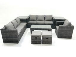 Fimous Rattan Garden Furniture Set Outdoor 9 Seater Patio Conversation Sets with Glass Top Coffee Table Stool 2 Side Tables in Dark Grey - thumbnail 2