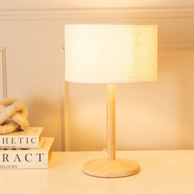 ValueLights Triston Natural Light Wood Stem Table Lamp with Linen Trim Drum Lamp Shade in White - image 1