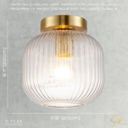 Happy Homewares Contemporary Ceiling Light Fitting with Clear Ribbed Glass Shade in Gold - thumbnail 7