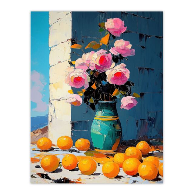 "Artery8 Rose Flower Bouquet Vase & Oranges Still Life Wall Art Print in Pink - Size: W18"" x H24""" - image 1