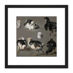 Artery8 Hondecoeter Seven Chicks Birds Painting 8X8 Inch Square Wooden Framed Wall Art Print Picture with Mount in Black - thumbnail 1