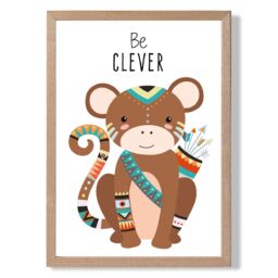 ARTZE Be Clever Monkey Tribal Animal Quote Framed Print SIZE: A3 with Oak Frame in Brown - Size: A4