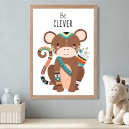 ARTZE Be Clever Monkey Tribal Animal Quote Framed Print SIZE: A3 with Oak Frame in Brown - Size: A4 - thumbnail 2