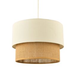 Happy Homewares Modern Designer Two Tier Cream Linen & Natural Rattan Pendant Shade in Brown