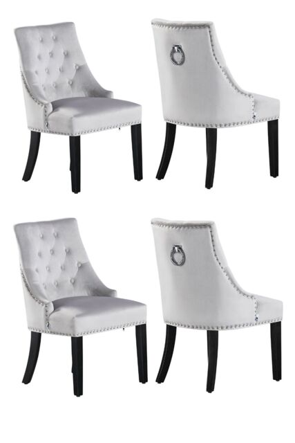 Life Interiors Set of 4 'Windsor' Knocker Back Velvet Dining Chairs Solid Wood Legs in Light Grey - image 1