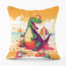 Warren Reed - Designer Crocodile On A Beach Holiday Outdoor Cushion in Yellow - Size: 60 cm x 60 cm - thumbnail 1