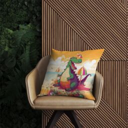 Warren Reed - Designer Crocodile On A Beach Holiday Outdoor Cushion in Yellow - Size: 60 cm x 60 cm - thumbnail 2