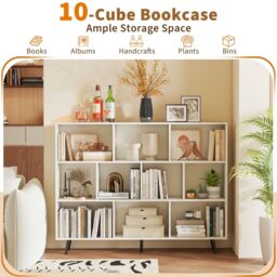 Gymax 10-Cube Freestanding Bookcase 140 CM Mid Century Storage Organizer in White - thumbnail 3