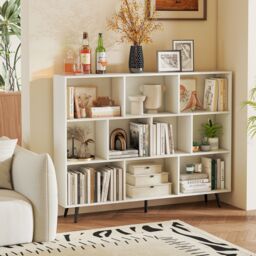 Gymax 10-Cube Freestanding Bookcase 140 CM Mid Century Storage Organizer in White - thumbnail 8