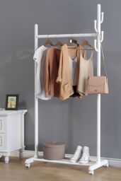 Living and Home Rolling Garment Hanging Clothes Coat Rack on Wheels in White - thumbnail 1