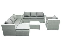 Fimous Wicker PE Rattan Sofa Garden Furniture Set with Armchair Square Coffee Table Big Footstool Light Grey Mixed - thumbnail 1