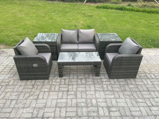 Fimous Rattan Lounge Sofa Set Outdoor Garden Furniture Set with Rectangular Coffee Table Love Sofa 2 Side Tables in Dark Grey - image 1