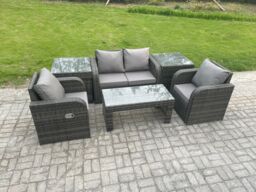 Fimous Rattan Lounge Sofa Set Outdoor Garden Furniture Set with Rectangular Coffee Table Love Sofa 2 Side Tables in Dark Grey - thumbnail 2