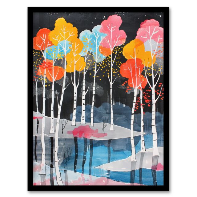 Artery8 Colourful Birch Trees River Landscape Painting Framed Wall Art - Size: A4 - image 1