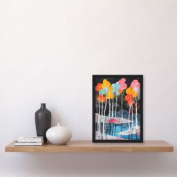 Artery8 Colourful Birch Trees River Landscape Painting Framed Wall Art - Size: A4 - thumbnail 4