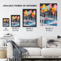 Artery8 Colourful Birch Trees River Landscape Painting Framed Wall Art - Size: A4 - thumbnail 3