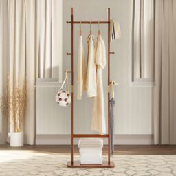 FURNOS 180CM Tall Wooden Coat Stand With 5 Hooks in Brown