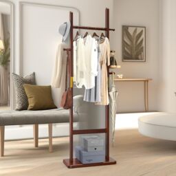 FURNOS 180CM Tall Wooden Coat Stand With 5 Hooks in Brown - thumbnail 3