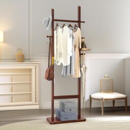 FURNOS 180CM Tall Wooden Coat Stand With 5 Hooks in Brown - thumbnail 5